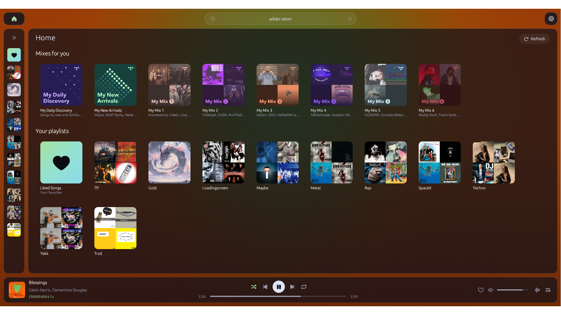 tidalfast: Startseite mit Mixes, Playlists und dem Player mit Crossfade